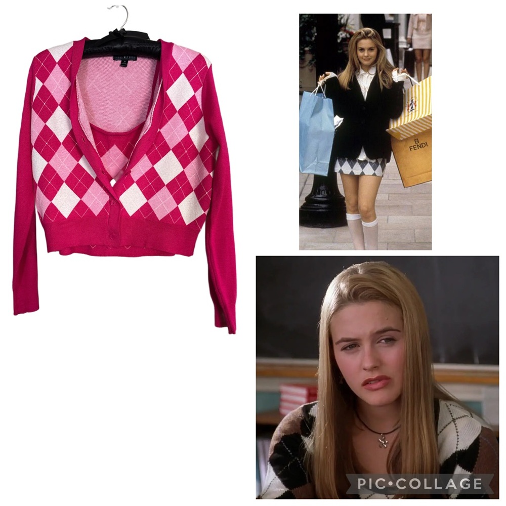 Clueless “Vibe” Pink and White Argyle Cardigan and Adjustable Tank Women’s Sz M